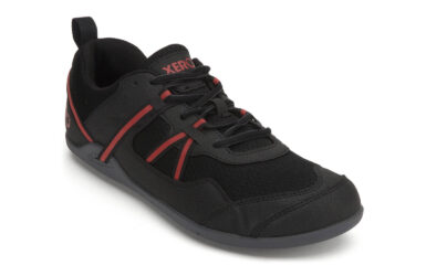 Prio Men's Black Samba Red Athletic Shoe A black body with bright red contrasting huarache strap accents right front view